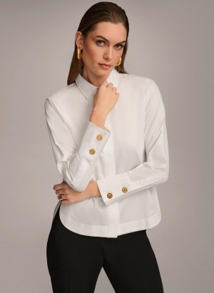 Sweaters and Tops Donna Karan Bavlněné Collared Button Down Bílé | CZ_DK93265