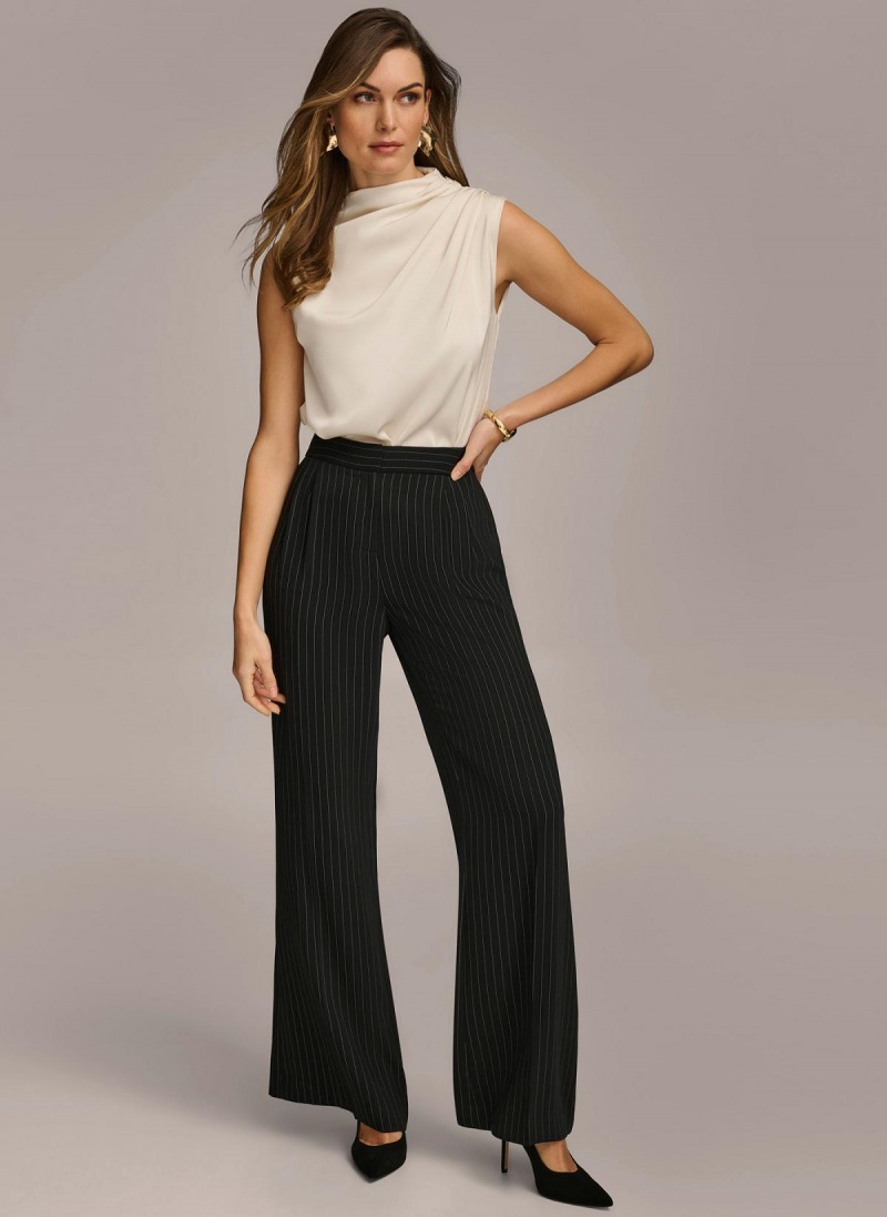 Kalhoty Donna Karan Široké Leg Pinstripe Černé | CZ_DK49820