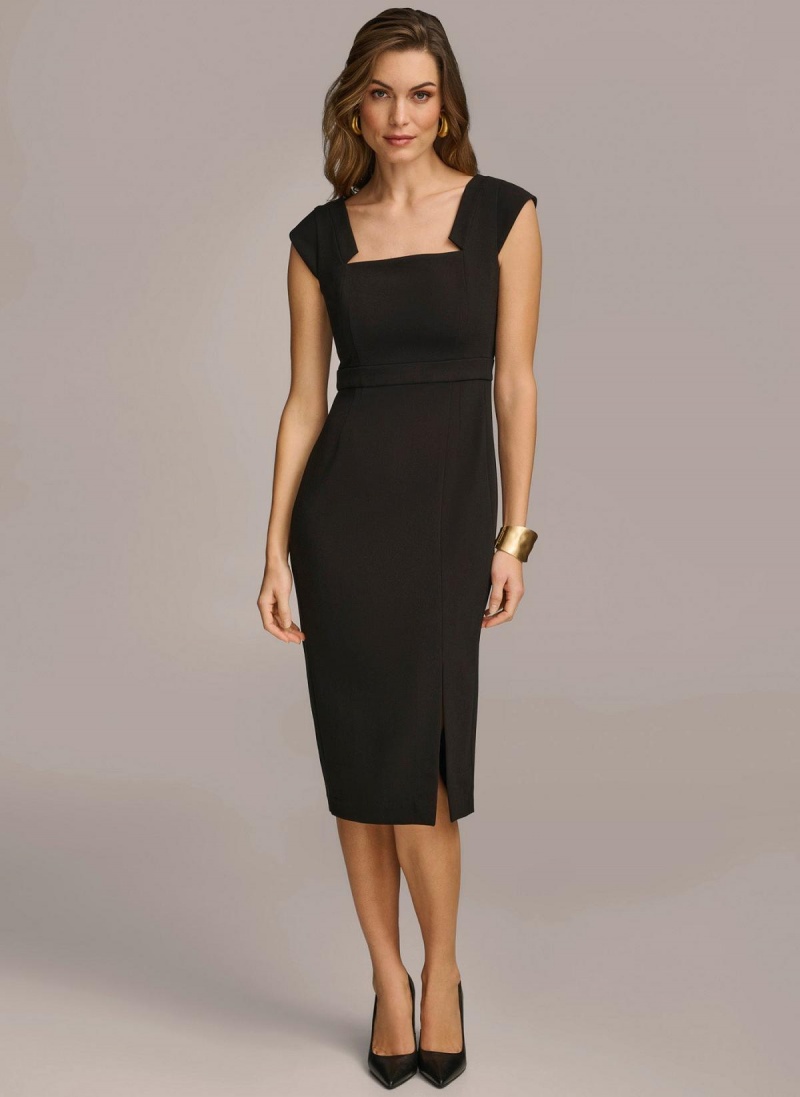 Šaty Donna Karan Cap Sleeve Square Neck Sheath With Slit Černé | CZ_DK10934