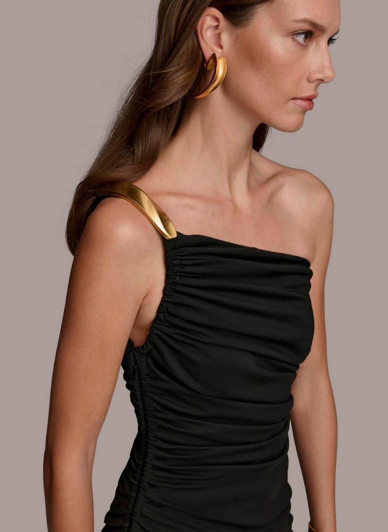 Šaty Donna Karan One Shoulder Ruched Černé | CZ_DK86910