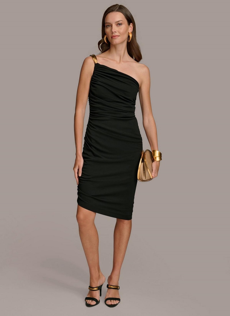 Šaty Donna Karan One Shoulder Ruched Černé | CZ_DK86910