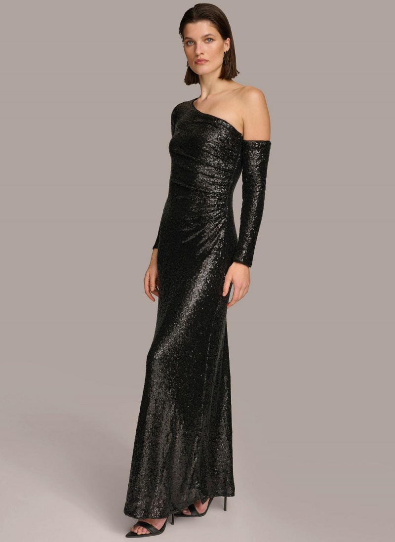 Šaty Donna Karan One Shoulder Sequin Černé | CZ_DK31327