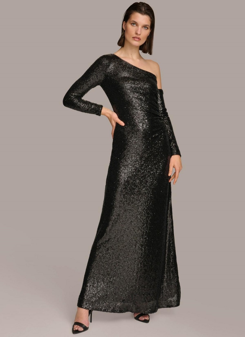 Šaty Donna Karan One Shoulder Sequin Černé | CZ_DK31327